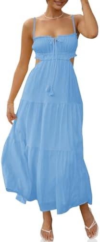 Fisoew Women's Spaghetti Strap Maxi Dress Summer Sleeveless Side Cut Out Dress Casual Boho Backless Flowy Long Dresses XS