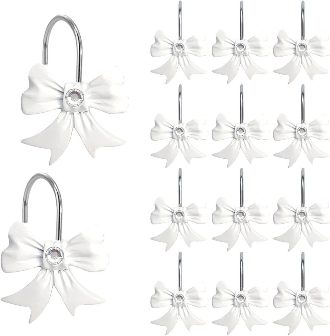 Shower Curtain Hooks,12pcs White Decorative Bow Knot Shower Curtain Rings for Girl Bathroom Art Decors