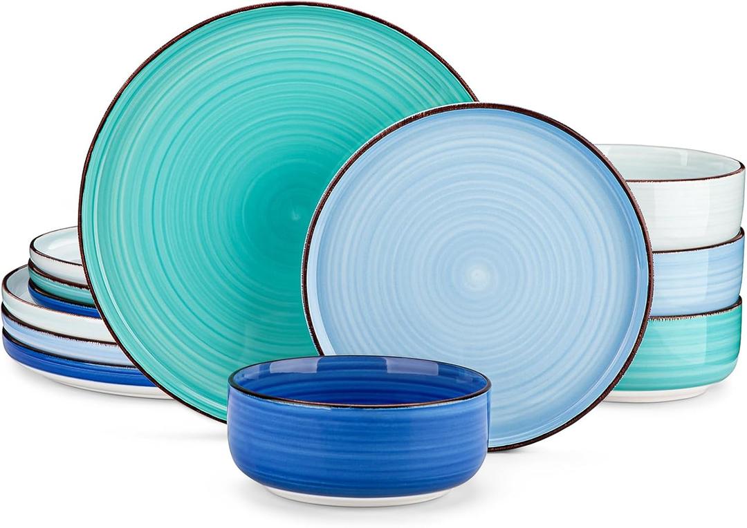 vancasso Bonita Blue Dinnerware Sets, Plates and Bowls Set for 4, 12 Pieces Stoneware Dinnerware Set, Dishwasher and Microwave Safe (12 Pieces(Service for 4))