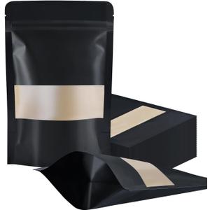 FireKylin 100 Pcs Resealable bags,3.9" x 5.9" Stand Up Black Paper Bags with Matte Window, Zipper Food Storage Bags for Packaging Products, Reusable, Sealable