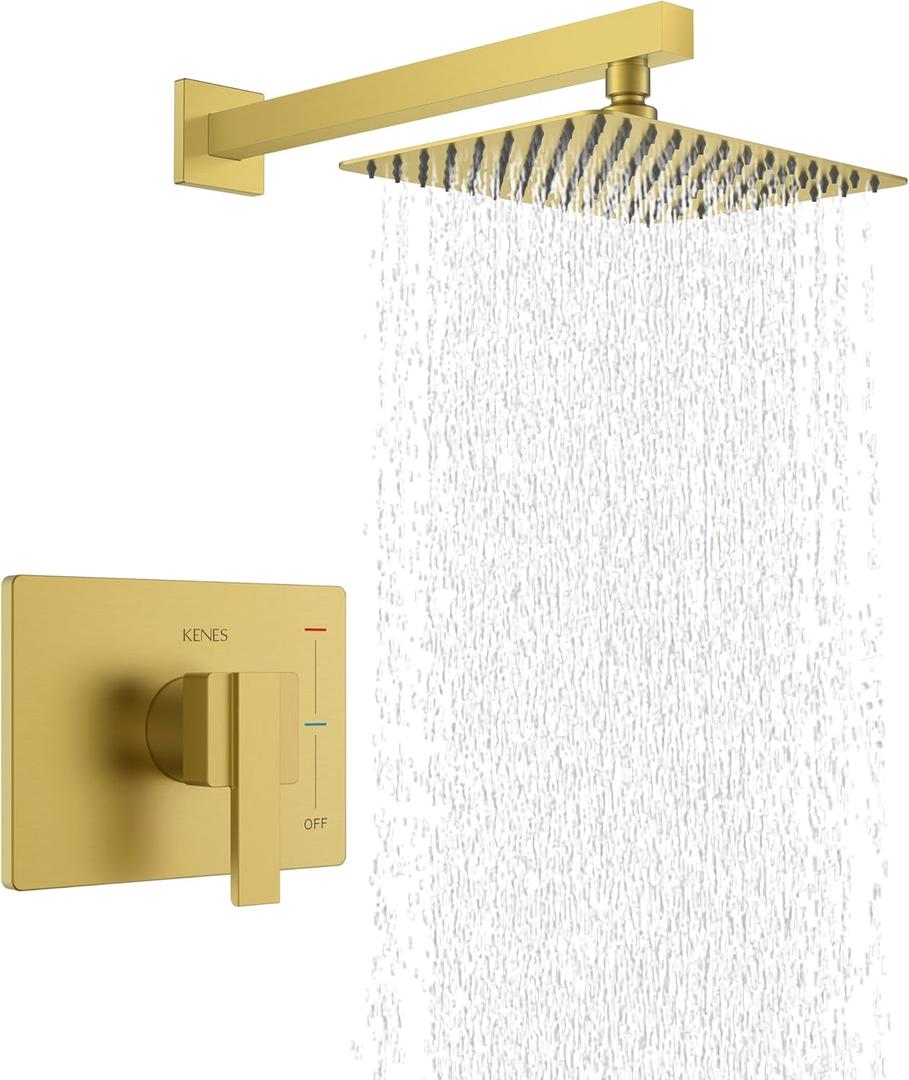 KENES Brushed Gold Shower Faucet, Modern Square 10-Inch Shower Head and Handle Set, Bathroom Rainfall Shower System Wall Mount, KE-6024B-4 (Including Shower Valve)