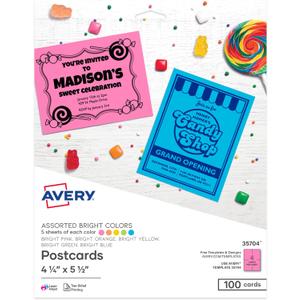 Avery Astrobrights Postcards, 4.25" x 5.5", Assorted Colors, 65 lbs / 176 gsm, Laser/Inkjet, 100 Cards (35704)