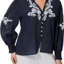 Milumia Women's Floral Embroidery Puff Long Sleeve Blouse Boho Button Front V Neck Shirt Tops (L)