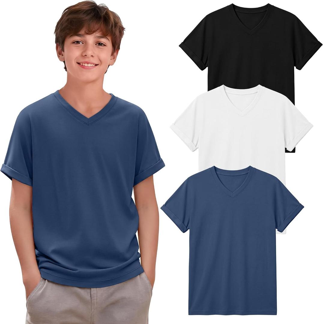 Boy V Neck Shirt Short Sleeve Summer Top | 3 Pack, Soft Breathable Fabric, V Neck, Short Sleeve, Loose Fit, Casual, Athletic, School, Play, Summer Wear