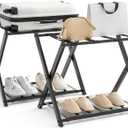 Tangkula Folding Luggage Rack Set of 2, Foldable Suitcase Stand with Storage Shelf, Strong Nylon Straps, Heavy-duty Metal Luggage Holder for Guest Room, Hotel, Bedroom (Black, 2 Pack)