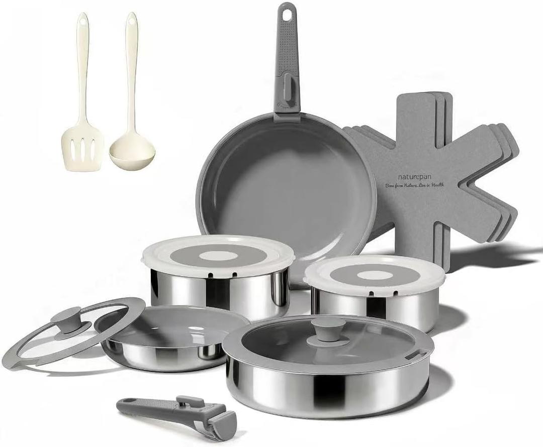 16PCS Pots and Pans Set Non Stick, Diamond-Titanium Ceramic Cookware Set & 3 Layer Stainless Steel with Detachable Handle, Induction Cookware, Non Toxic Oven/Dishwasher Safe, Gray, 16 Piece
