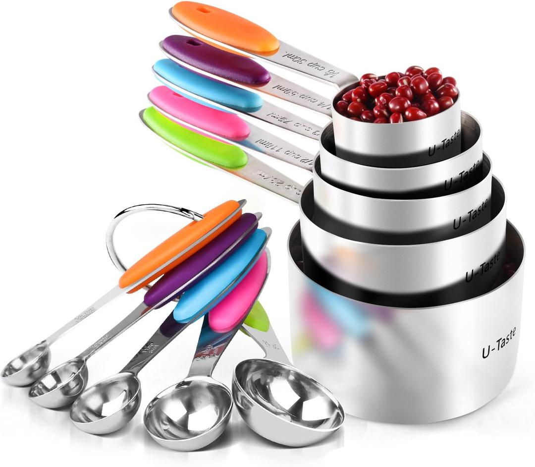 Measuring Cups : U-Taste 18/8 Stainless Steel Measuring Cups and Spoons Set of 10 Piece, Upgraded Thickness Handle (Multicolors) Measuring Cups : U-Taste 18/8 Stainless Steel Measuring Cups and Spoons Set of 10 Piece, Upgraded Thickness Handle (Multicolors)