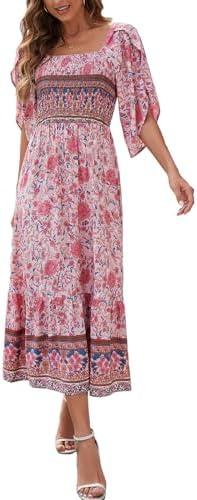 CAVOZEDA Women's Long Maxi Dress Sexy Off Shoulder Floral Dress Ruffle Short Sleeve Smocked Flowy A Line Boho Dress,XXL Pink