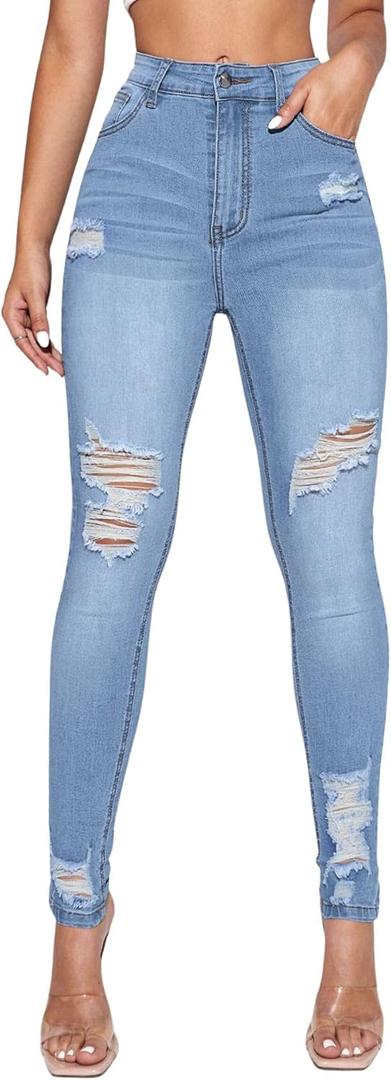 Floerns Women's Ripped High Waist Skinny Jeans Distressed Stretchy Curvy Denim Pants (Large, Skinny Light Blue)