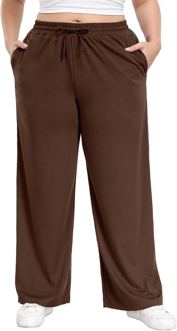 Lastshe Women's Plus Size Pants Elastic Waist Casual Wide Leg Knit Pajama Drawstring Pull On Lounge Straight Trousers (Brown, XXL)
