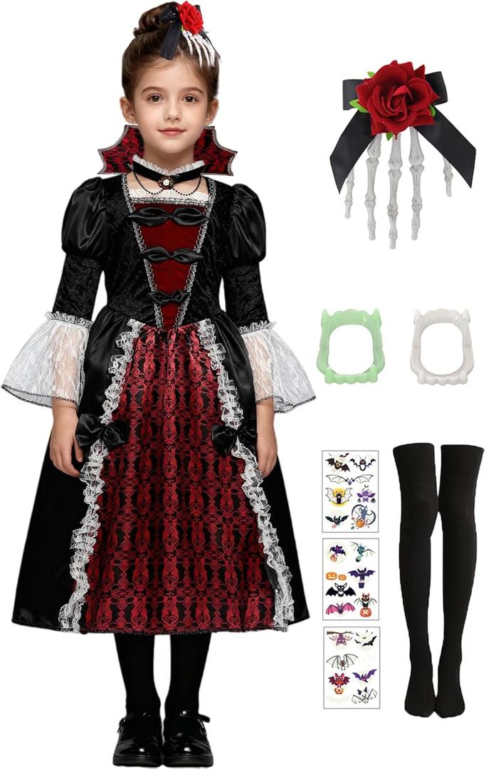 Kids Vampire Costume for Girls 5-14 Years Halloween Costumes Medieval Royal Vampire Dark Princess Cosplay