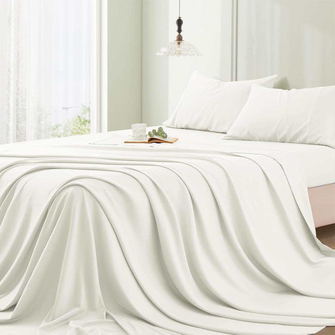 Vonty Full Bed Sheet Rayon Derived from Bamboo Sheets Full Size Bed Set, White Full Sheet Set Luxury & Cooling Sheets - Hotel Silky Sheets with Deep Pocket, 4 Pieces