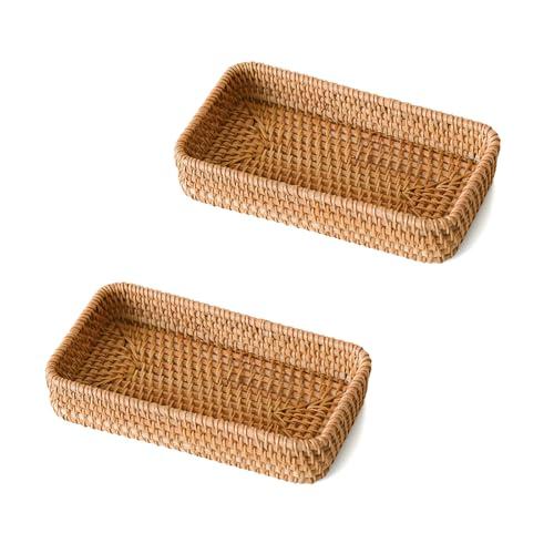 2 Pack Small Rattan Serving Tray, Natural Wicker Decorative Tray Handwoven for Keys Trinkets Rings Cosmetics, Decorative Jewelry Perfume Tray for Coffee Table Entryway Living Room(8.2" × 4.3")