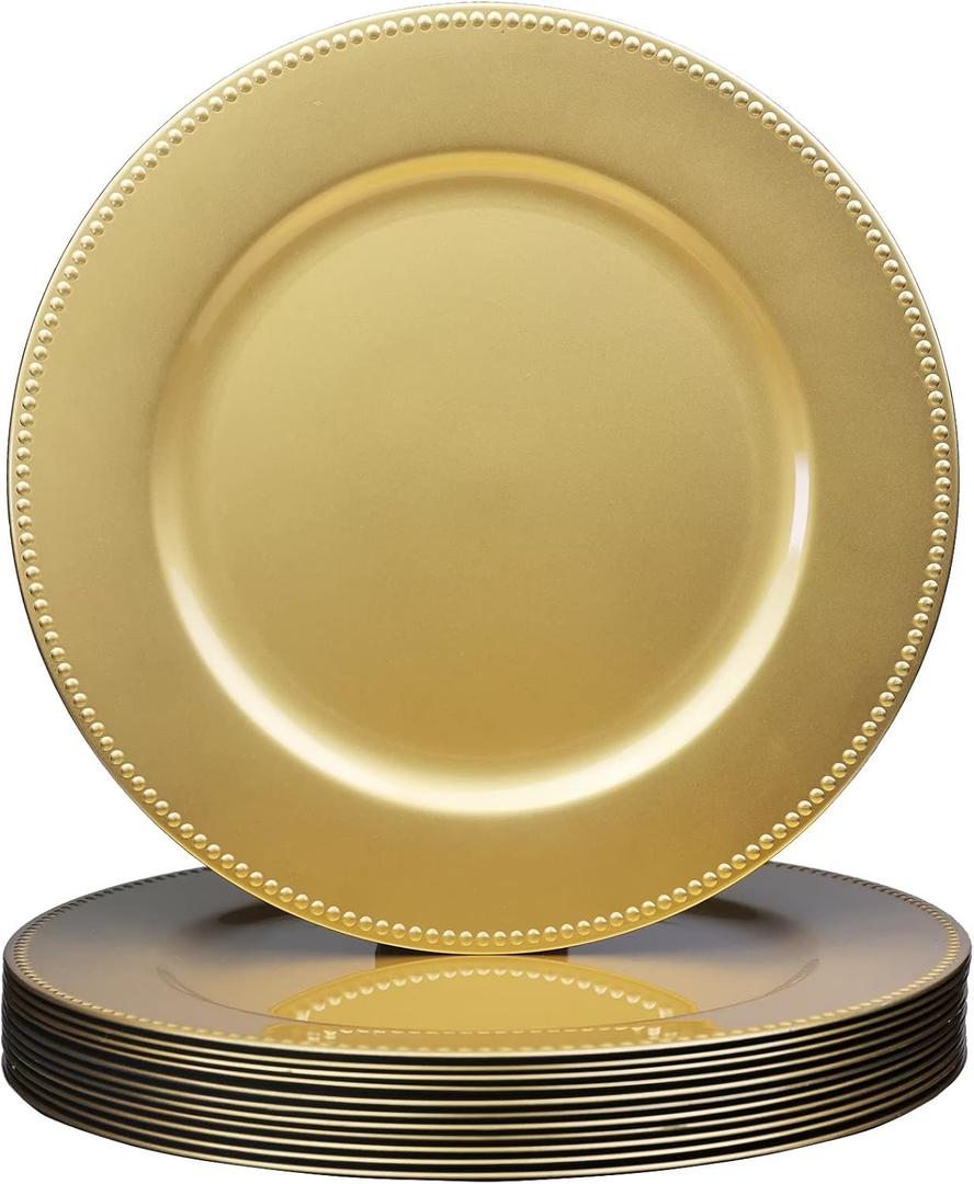 Set of 12 Gold Charger Plates with Beaded. 13" Reusable Plastic Table Chargers for Dinner Plates