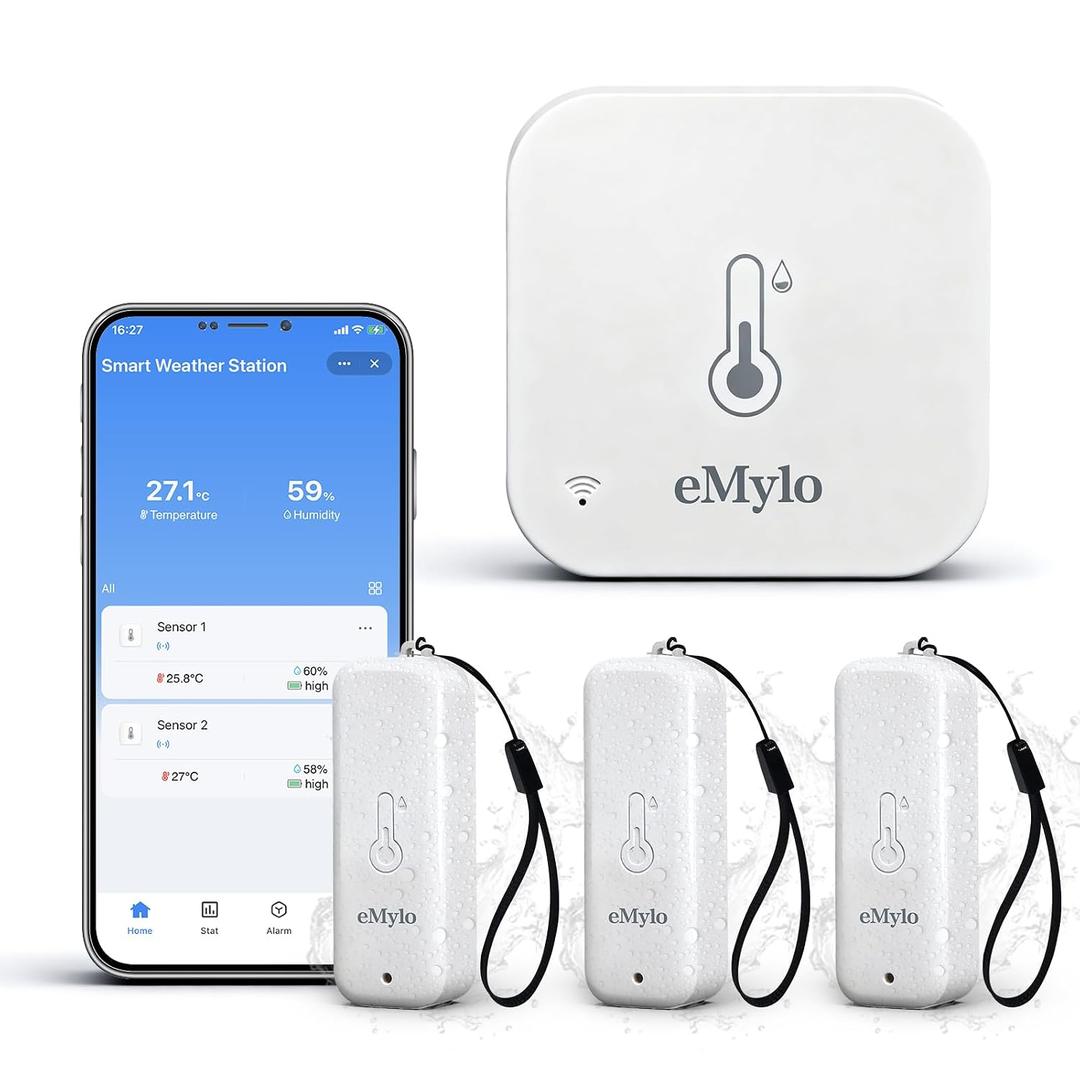 eMylo WiFi Temperature Humidity Sensor 4 Pack, Smart Indoor Thermometer Hygrometer with 3 Outdoor IP65 Sensors, Remote Monitoring App Alert, Data Export, 492ft Range for Home Greenhouse Baby Room