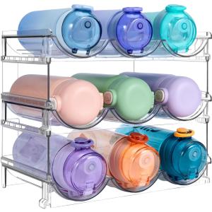 Water Bottle Organizer, Stackable Bottle Storage Rack, 3 Pack Water Bottle Holder for Kitchen Fridge Cabinet Organization and Storage, Plastic Wine Rack/Drink Bottle Holder, Clear