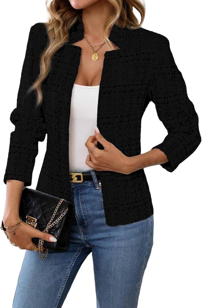ELLEVEN Womens' Tweed Open Front Blazer Long Sleeve Jacket Notch Collar Fully Lined Casual Business Work Office Coat (Small, All Black)
