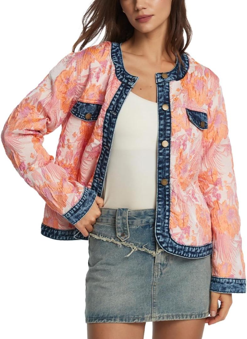 D-Sun Women's Floral Denim Jacket Long Sleeve Cropped Jacquard Jean Jacket Crewneck Button Down Casual Denim Fall Coats