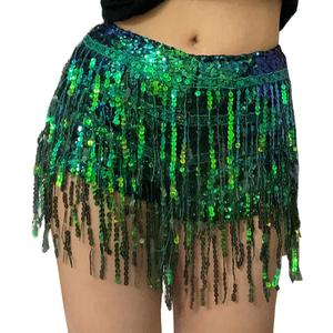 Yollmart Women's Sequins Tassel Skirts Shorts Booty Dance Festival Bottoms (Small, Green)