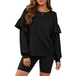 Fisoew Womens Crewneck Sweatshirts Fall Casual Ruffle Long Sleeve Roll Hem Loose Cropped Pullover Tops (XX-Large, Black)