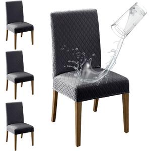 MOSAYT 100% Waterproof Dining Room Chair Covers Set of 4, Super Fit Stretch Jacquard Parson Chairs Slipcovers Removable Washable Chair Seat Protectors for Home, Kitchen, Banquet (Dark Grey)