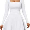 XXTAXN Womens Sexy Long Sleeve Square Neck Bodycon Mesh Mini Dress White M