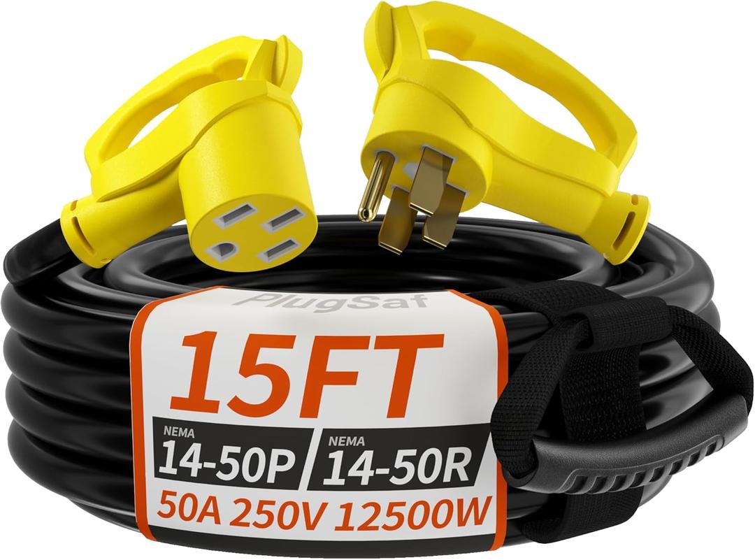 NEMA 14-50P/14-50R 15 FT 50 Amp RV/EV Extension Cord Outdoor with Grip Handle, 4 Prong Flexible Heavy Duty STW RV Power Cord Waterproof, 50A 125/250V 6250/12500W, Black-Yellow, ETL Listed