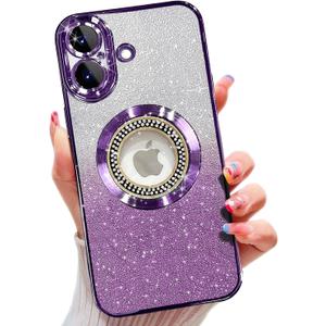 Misscase for iPhone 17 Magnetic Glitter Case Compatible with MagSafe,Full Protection Slim Shockproof Anti-Scratch Case with Camera Lens Protector Plating Bling Dust-Proof Net for Women Purple