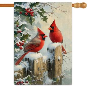Merry Christams Garden Flags 28x40 Double Sided Linen, Cardinal Red Bird Holly Berry Branches Snow Welcome Winter Holiday Yard Outdoor House Flag for Home Decorations (3177)