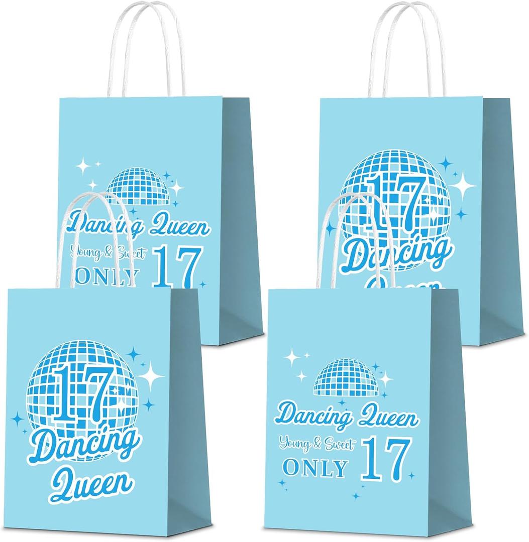 KERINGO 16 PCS Dancing Queen 17th Birthday Party Supplies Young and Sweet Only 17 Gift Bags Blue Queen Disco Music Goody Snacks Treat Candy Party Favors Bags for Girls 17th Birthday Party Decorations