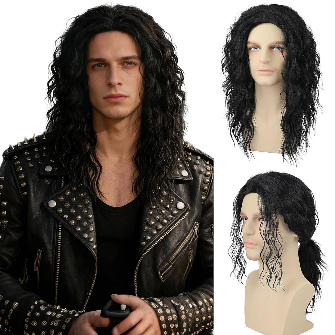 Mens Black Curly Wig 70s 80s Long Wavy Synthetic Hair Wigs for Rocker Costume Party Cosplay Halloween or Fun (18inch, Black)