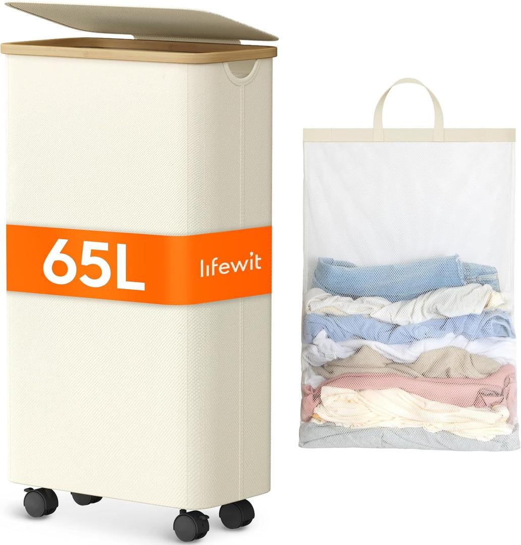 Lifewit 80L Laundry Basket with Lid, Clothes Hampers for Laundry with Bamboo Handles and A Removable Bag, Large Foldable Laundry Hamper for Bedroom, Bathroom, Dorm, Laundry Room, White with Wheels (65L)