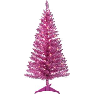 4ft Lighted Artificial Pink Christmas Tree, Not Pre-lit Pink Tinsel Pine Trees with Lights, Ideal for Ideal for Home, Office, and Xmas Party Dcor - Includes Stand