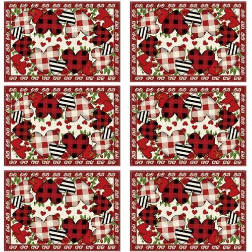 XCHI Buffalo Plaid Love Hearts Roses Flowers Valentine's Day Placemats Set of 6 Table Mats for Party Home Kitchen Dining Table Decorations 12x18 Inch