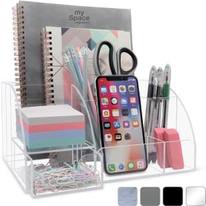 My Space Organizers Clear Acrylic Desk Oganizer, 9 Compartments, Office Supplies and Desk Accessories Organizer, Home Decor Desktop Organizer (Clear)