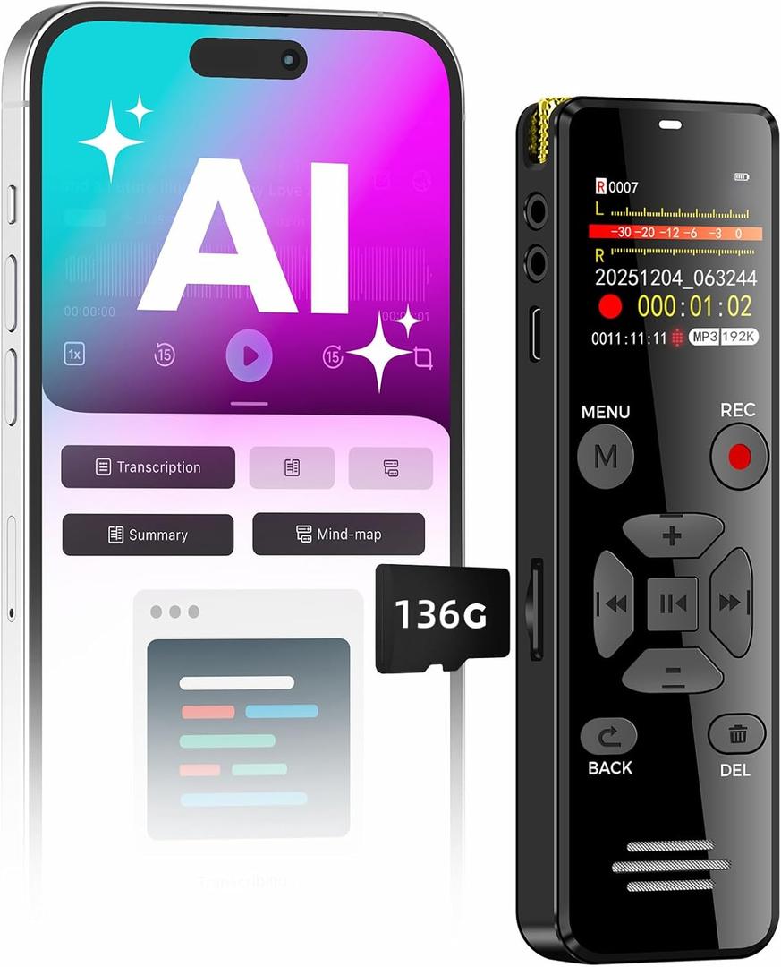 AI Digital Voice Recorder 136GB: AI Transcribe & Summarize Voice Activated Recorder with Playback | OTG - Portable Tape Recorder for Meeting & Lectures
