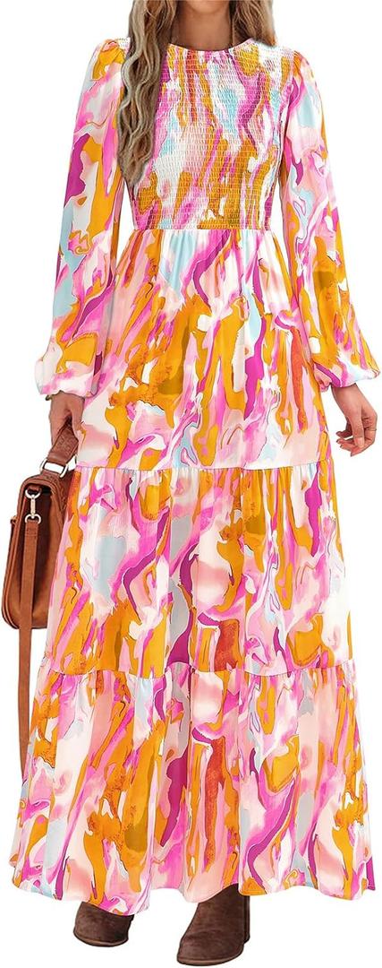 PRETTYGARDEN Women's Spring Dresses 2026 Long Sleeve Flowy Casual Floral Maxi Dress Crew Neck Smocked Tiered Long Dress, Size XXL