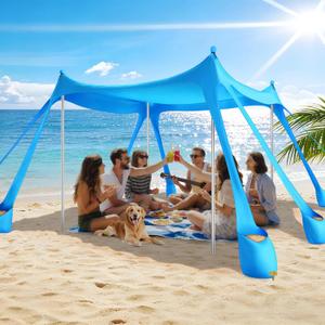 Beach Tent Sun Shelter UPF 50+,10x10 FT Beach Canopy Tent Sun Shade,Pop Up Beach Canopy with 8 Sandbags, Outdoor Beach Shade for Camping Trips, Fishing, Backyard Fun Picnics (Sky Blue)