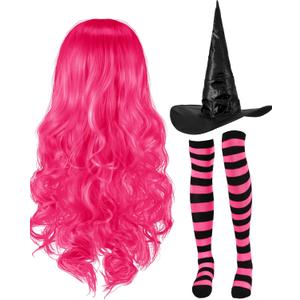 Janinka Halloween Witch Costume Set for Woman, Wig, Witch Hat, Socks (Black, Bright Pink)