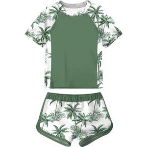 ADUKIDE Girls Rash Guard Swimsuit 2-Piece Bathing Suit UPF 50+ Summer Beach Swimwear (13T, Green Coconut Tree)