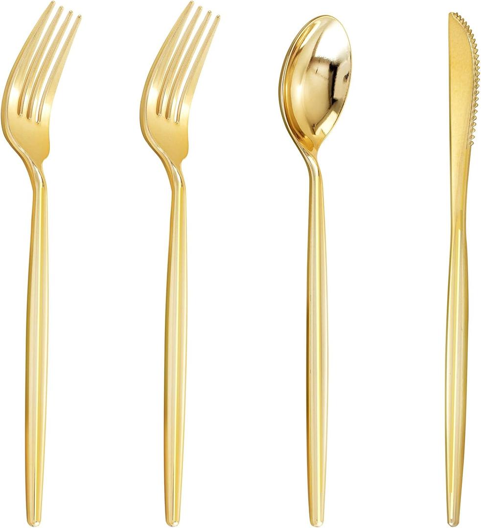 U-QE 120Pcs Gold Plastic Silverware, Luxury Plastic Cutlery, Heavy Weight Flatware, Gold Disposable Utensils Set Include 60 Forks, 30 Spoons,30 Knives for Christmas