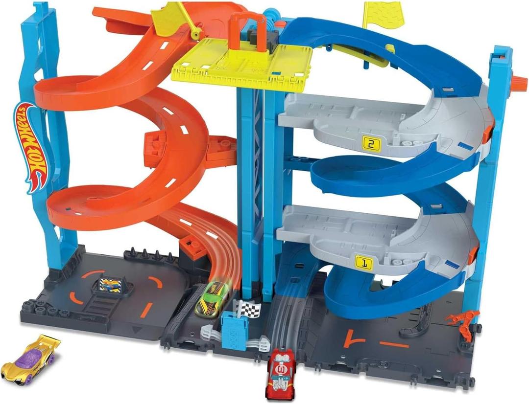 Hot Wheels City Track Set with 1 Car, 2-in-1 Race Tower That Transforms from Single to Dual-Mode Racing, Includes Kid-Powered Elevator