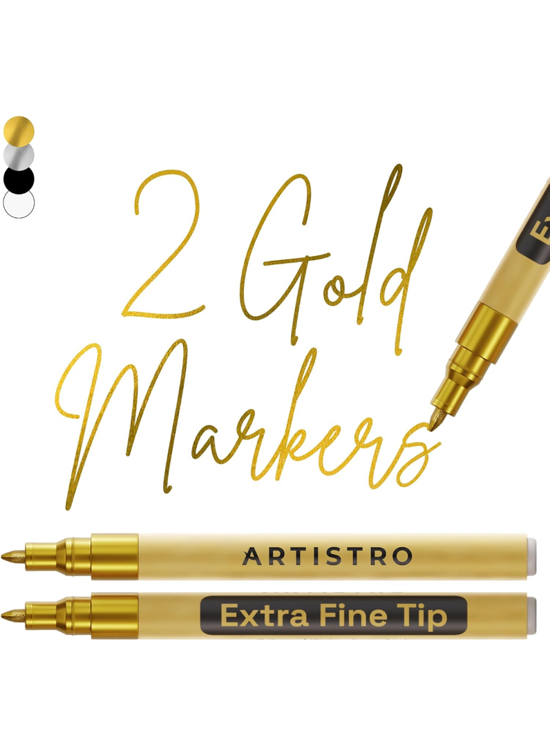 ARTISTRO 2 Acrylic Paint Pens for Rock Painting Ceramic Wood Glass Tire Plastic, Fabric Marker Paint Markers Ideal for Labeling DIY Crafts Art Projects, 0.7mm Extra Fine Tip, Gold