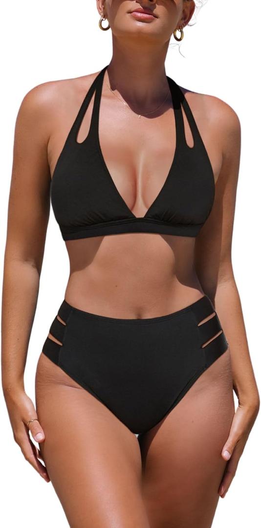 popvil High Waisted Bikini Sets for Women Two Piece Swimsuit Halter Top Bathing Suit (Large, Black) popvil High Waisted Bikini Sets for Women Two Piece Swimsuit Halter Top Bathing Suit (Large, Black)