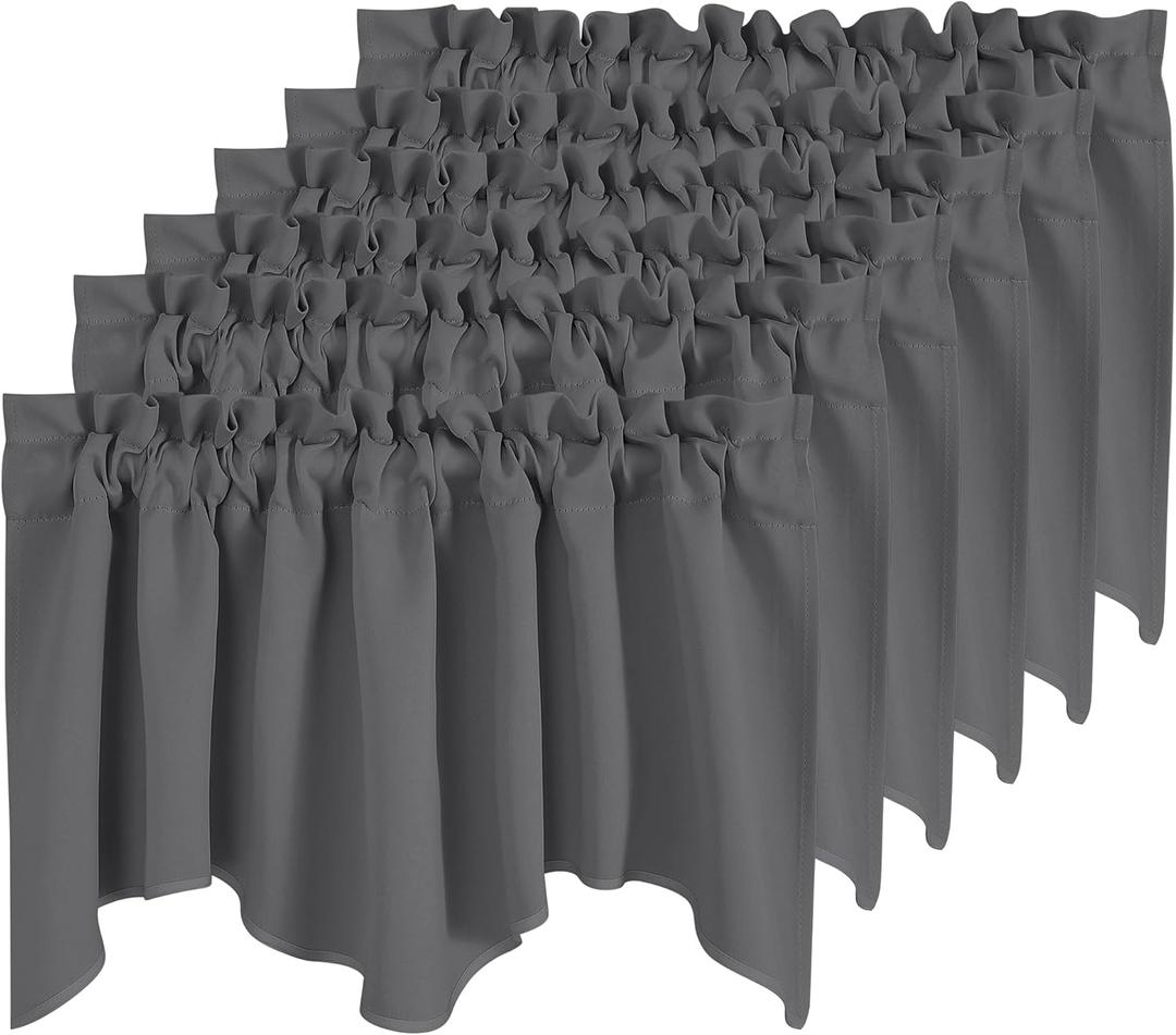 NICETOWN 6 Panels Kitchen Valances for Windows Living Room Bedroom Decor, Smal Valances Rod Pocket Farmhouse Country Rustic Bathroom Window Treatment (52W x 18L inches, Grey)