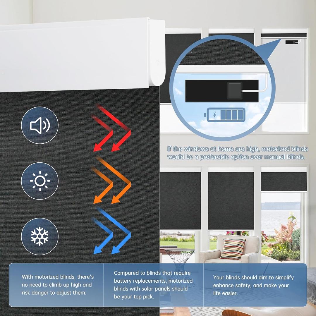 DENFOON Motorized Blinds with Remote control, Custom Blackout Smart Blinds [with Cover],Electric Blinds with Complimentary Solar Panel, Cordless Automatic Roller Shades for Windows (Black24"W x 72"H) (C-black (Solar Panels Charging))