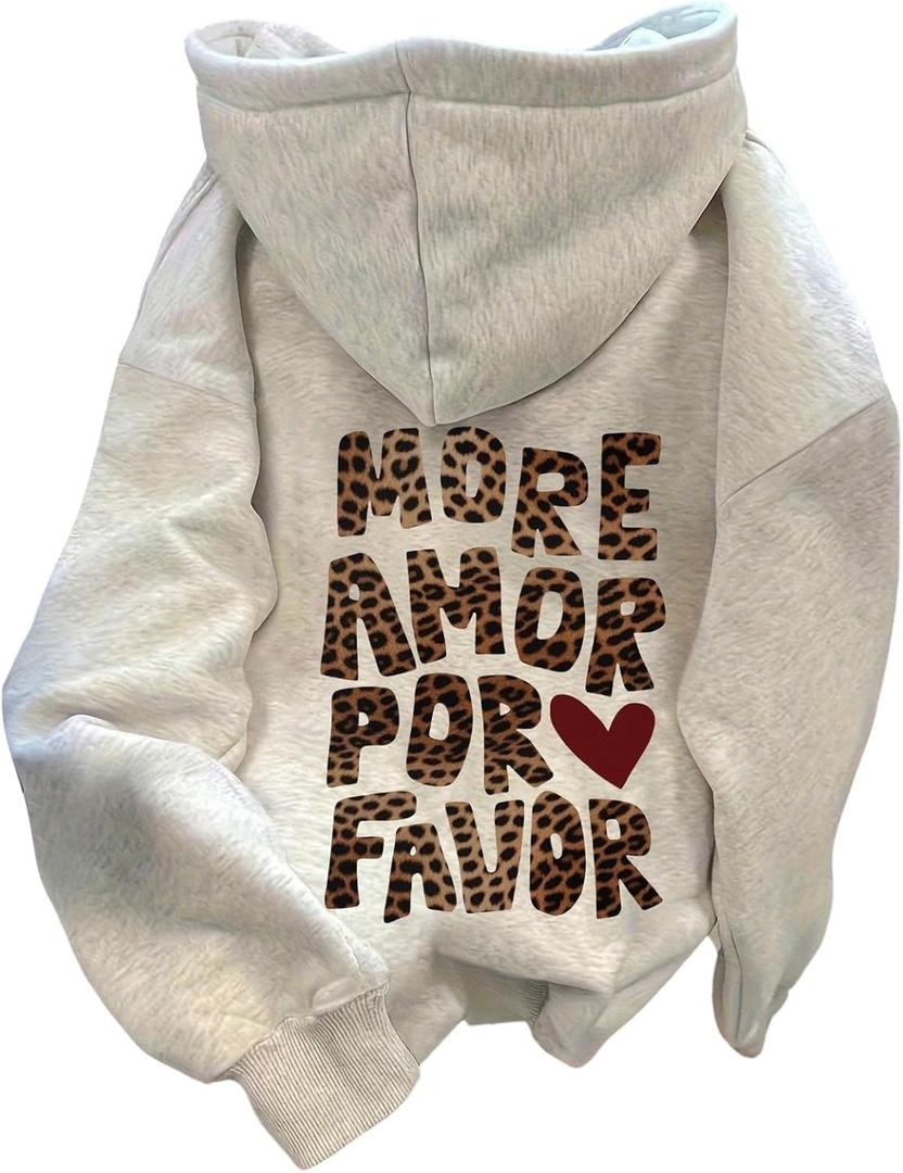 GORGLITTER Women's Leopard Cheetah Printed Y2K Street Wear Vintage Hoodie Fall Animal Long Sleeve Hooded Sweatshirts (Light Grey), S