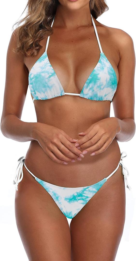 SHERRYLO Thong Bikini Swimsuit for Women Black Brazilian String Bikinis Bathing Suit Triangle Top Bathing Suits Swimsuits (Medium, F61green Tie-dye)