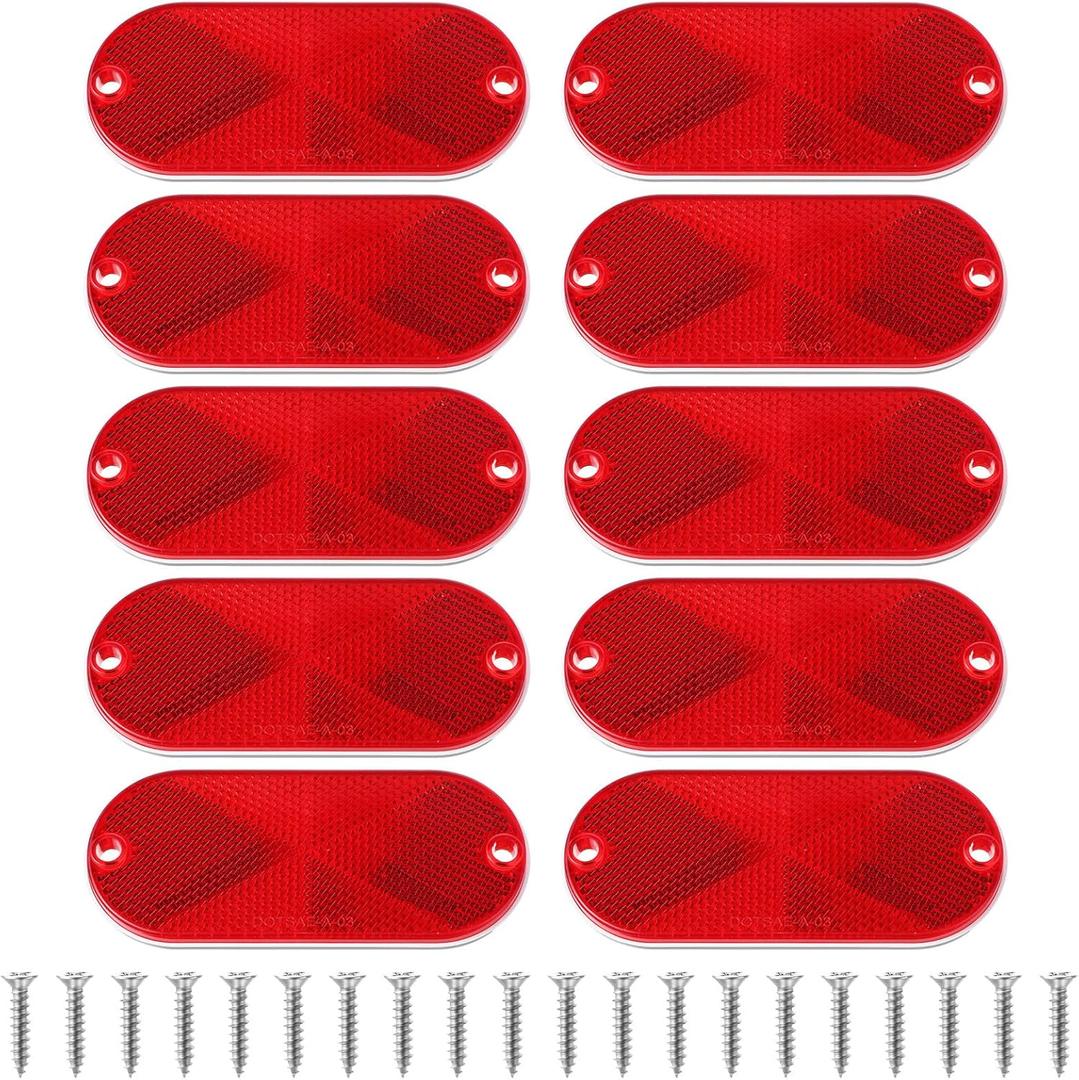 10 Pcs Front Reflector Oval Reflector with Mounting Hole, Driveway Trailer Reflectors with 20 Screws, Safety Reflectors for Fence, Gate, Posts, Garage, Car, Tunnels, Mailbox (Red, 4.45" * 1.96")