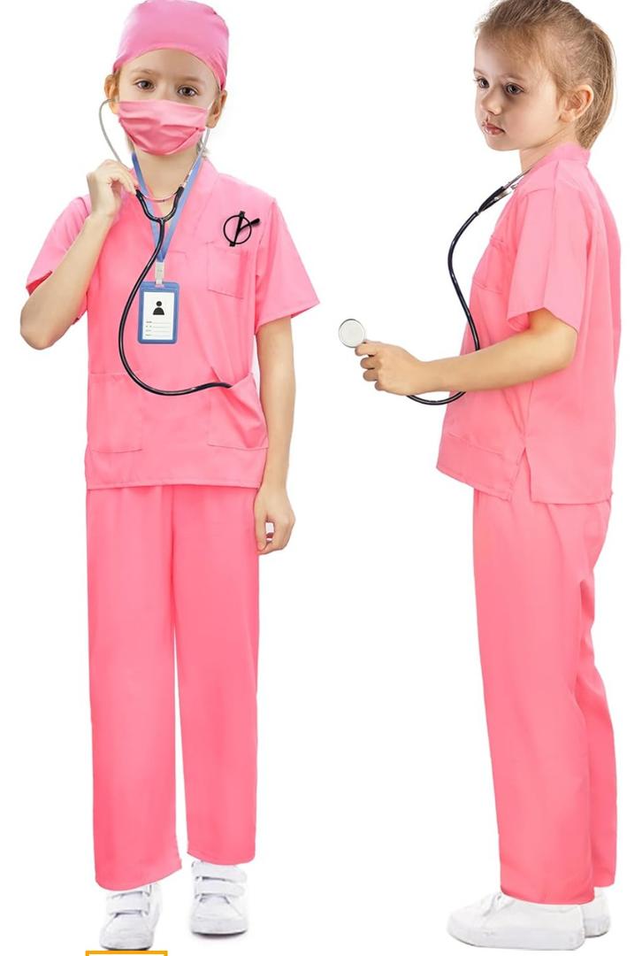 BOMLY Doctor Costume for Kids 7Pcs Toddler Nurse Scrubs Set With Halloween Dress Up Costumes for Boys and Girls Ages 3-11
